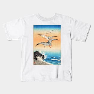 Five Seagulls Over Sea Beach Rocks Japan 1900s Ohara Koson Kids T-Shirt